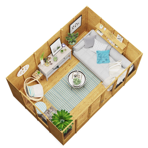 BillyOh Petra 12x10 Reverse Apex Summer House Shed, Log Cabin | Wooden Garden Room with Wide Double Doors, Tear Resistant Felt, Tongue and Groove Construction | Versatile Tiny Home or Garden Office