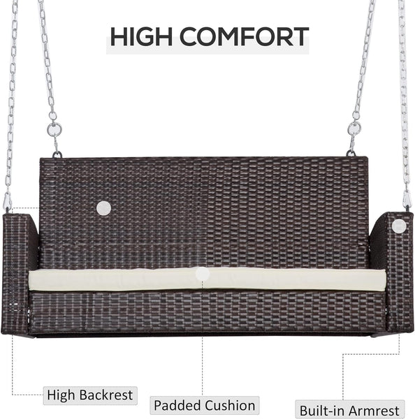 Outsunny 2 Seater Rattan Garden Swing Chair, Porch Swing Bench Loveseat with Cushion, Wicker Outdoor Hanging Swinging Seat with 2 Metal Chains, 250 KG Capacity for Patio, Balcony, Cream White