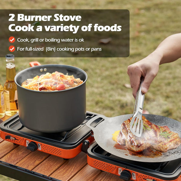 Odoland Portable 2 Burner Camping Stove, 4400W Camp Stoves Lightweight Camping Cooker with Automatic Ignition & Heat Control for Outdoor Backpacking & Picnic Cooking