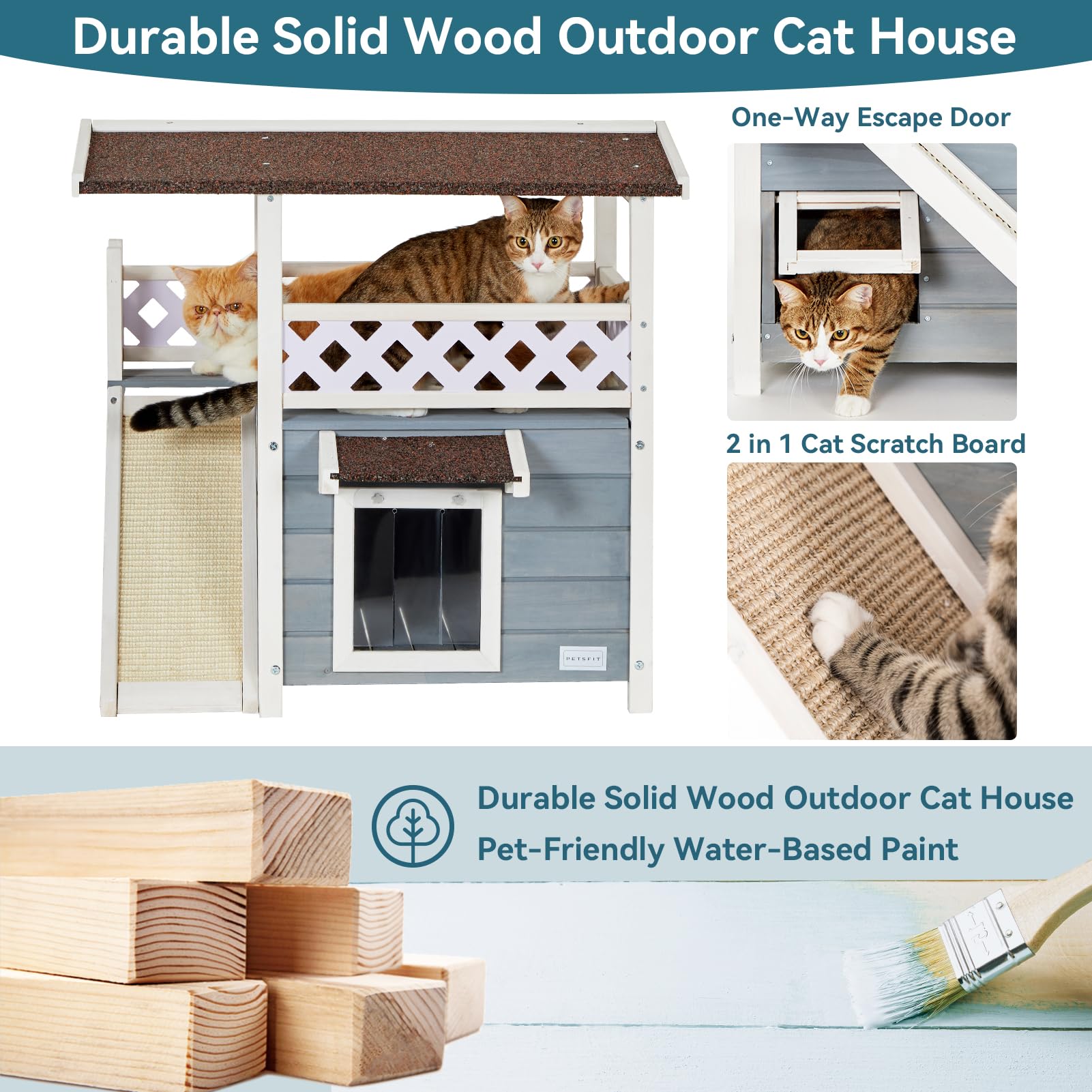 Petsfit Cat Wooden House, Waterproof House Cat Outdoor, Cat Outdoor Shelter with Cat Scratching Pad, Balcony (Grey)