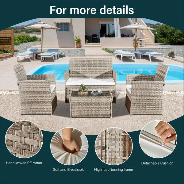 4 Piece Rattan Garden Furniture Sets, Patio Conservatory Set, Include Rattan loveset Sofa, Chair, Glass Coffee Table