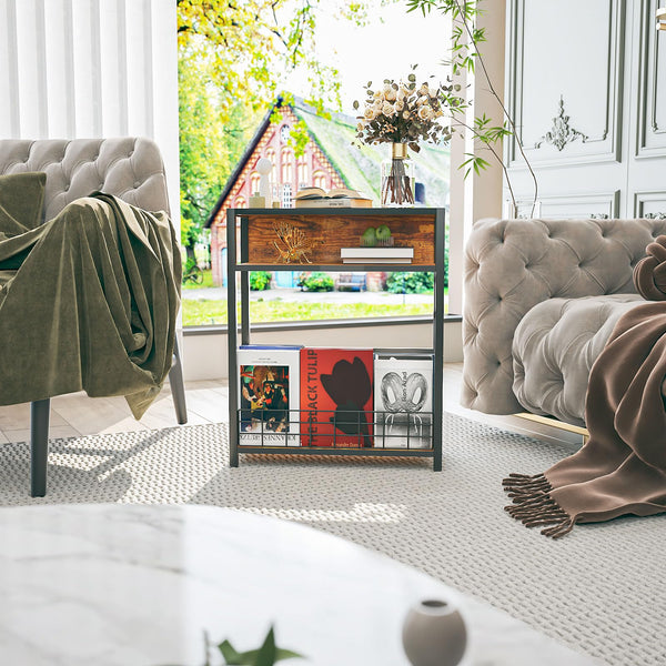 IBUYKE Narrow Side Table with Storage Shelf, 3 Tier End Table,Small Nightstand with Magazine Rack,Telephone Table for Small Spaces,for Living Room,