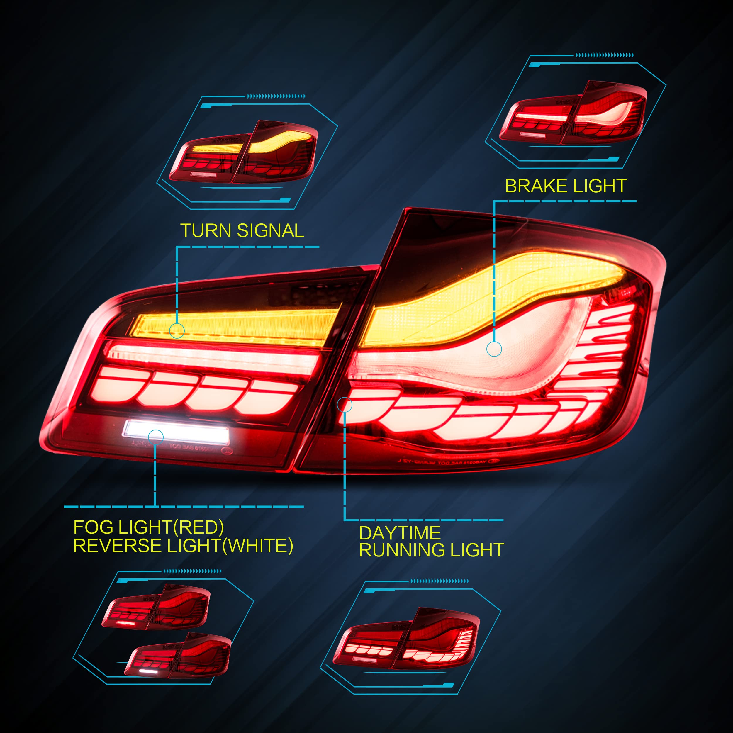 VLAND OLED Rear Lights Compatible with 2013-2018 BMW 3 Series F30 F35 F80 320i 328i 335i Sedan (Not for F31 F34), Tail Lights with Sequential Indicators, E-mark, Red