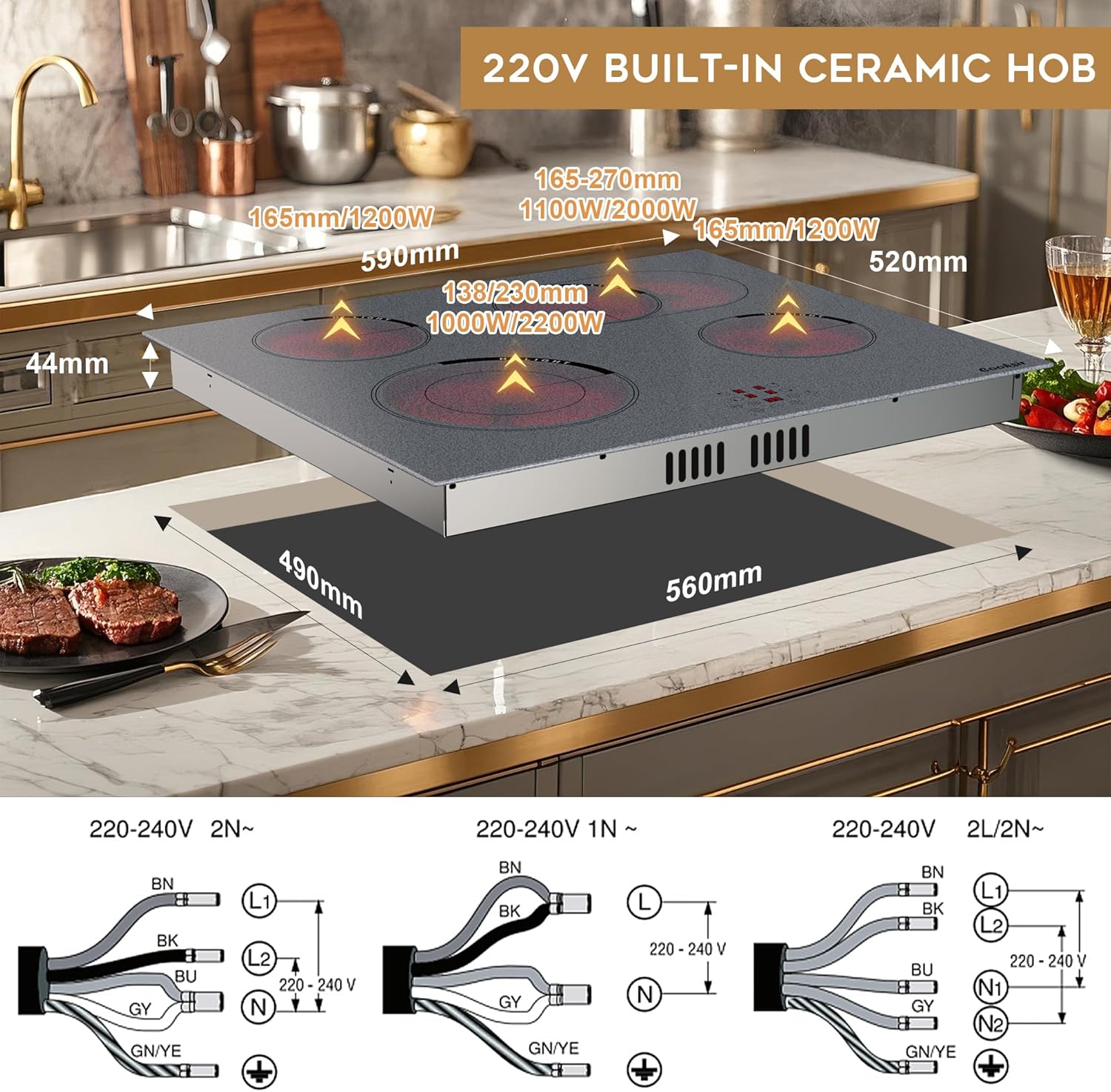 Cooksir Electric Hob 60cm, Ceramic Hob 4 Ring 6700W, Electric Hob 4 Zone with Expandable Dual and Oval Zone, Built-in Hob with Frame, Timer, Safety Lock, 220-240V(No Plug)
