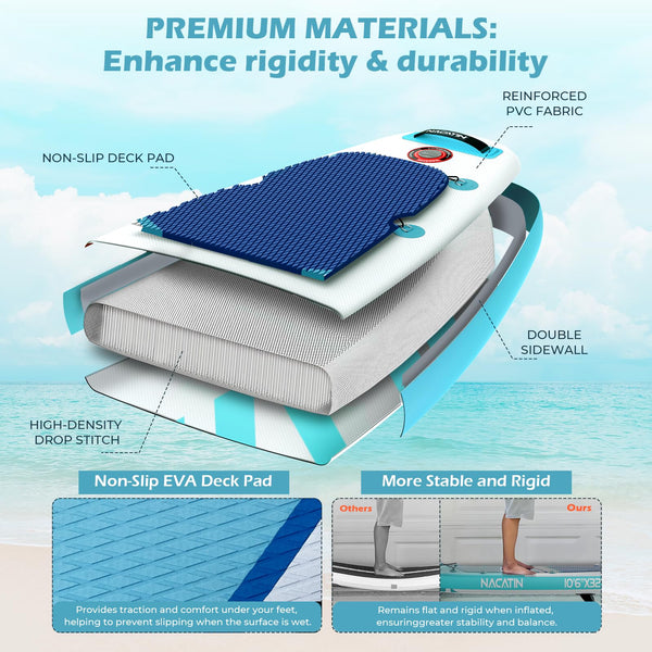 Paddle Boards for Adults, NACATIN Inflatable Stand Up Paddle Board with 10'6" SUP Paddleboard, Adjustable Paddle, Pump, Backpack, Dry Bag, Ideal for All Skill Levels (Optional Kayak Seat Available)
