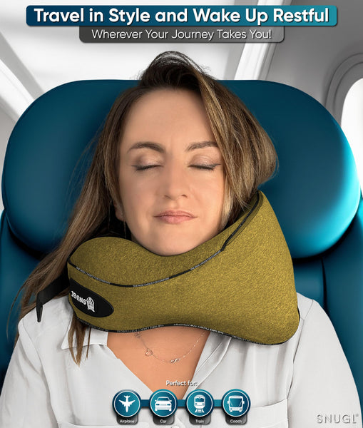 SNUGL Travel Pillow – Memory Foam Neck Pillow for Travel – Support Cushion for Airplane with Carry Bag & Clip - Holiday Essentials (Black - Adult Regular)