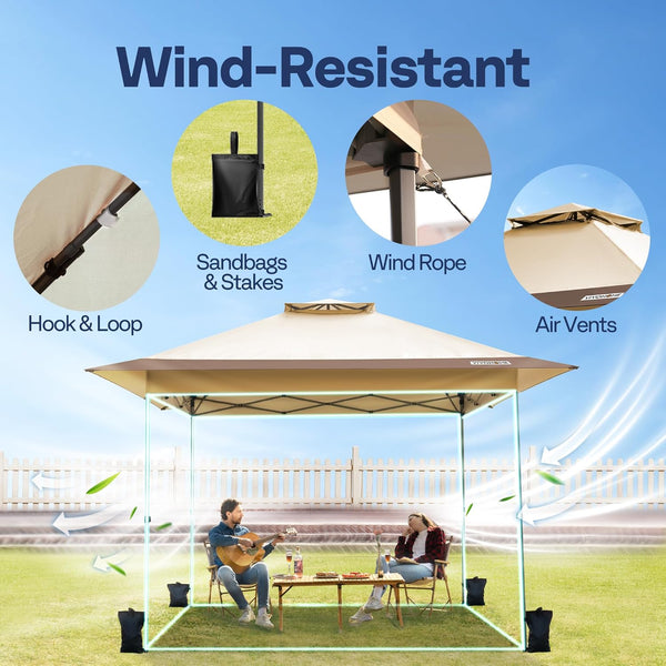 VIVOHOME Canopy Tent 3x3m Outdoor Shelter 2 Tiers Roof with Portable Wheel Carry Bag and 4 Sandbags Pop Up for Patio Garden Backyard