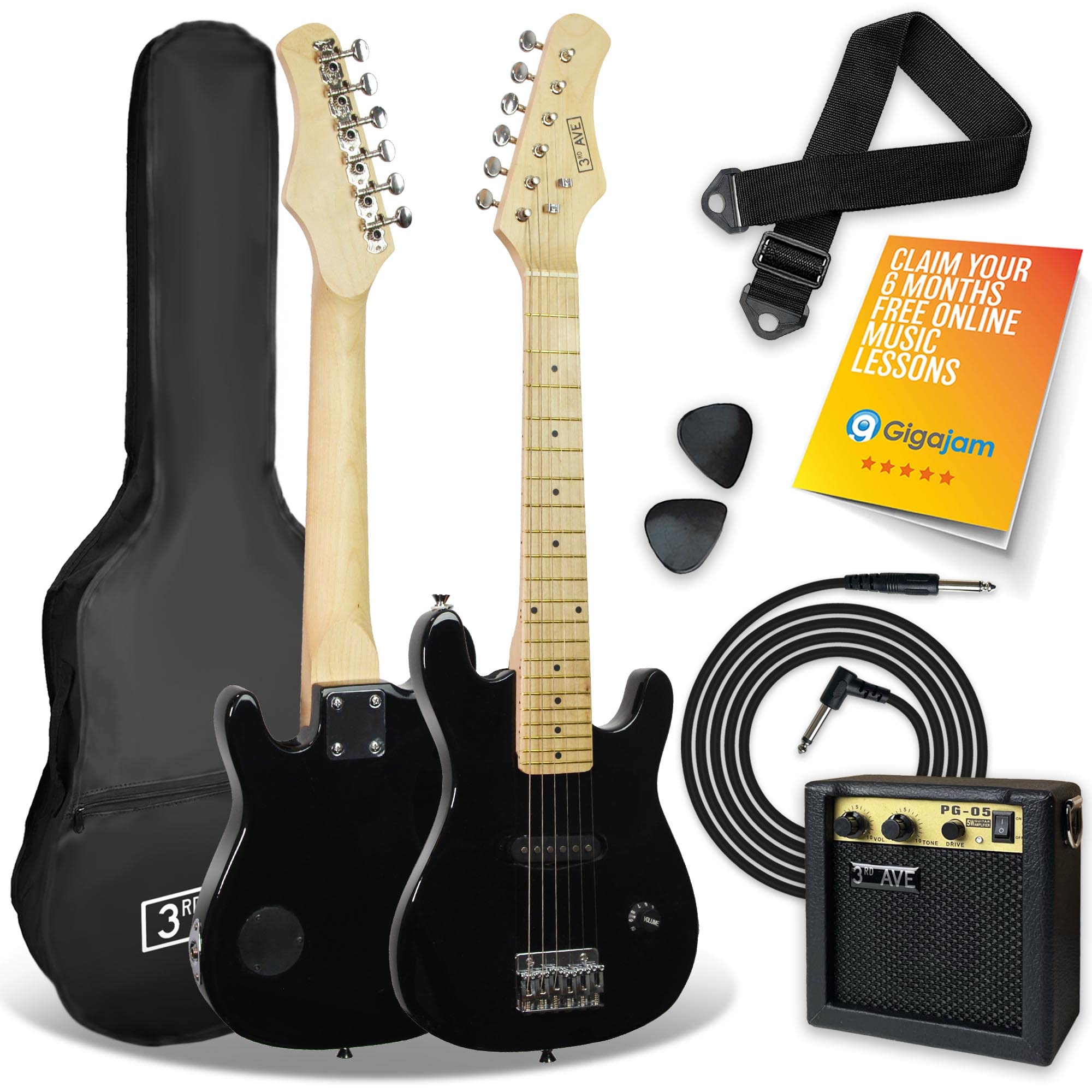 3rd Avenue 1/4 Size Kids Electric Guitar Pack for Junior Beginners - 6 Months FREE Lessons, 5W Portable Amp, Cable, Bag, Picks and Strap - Red