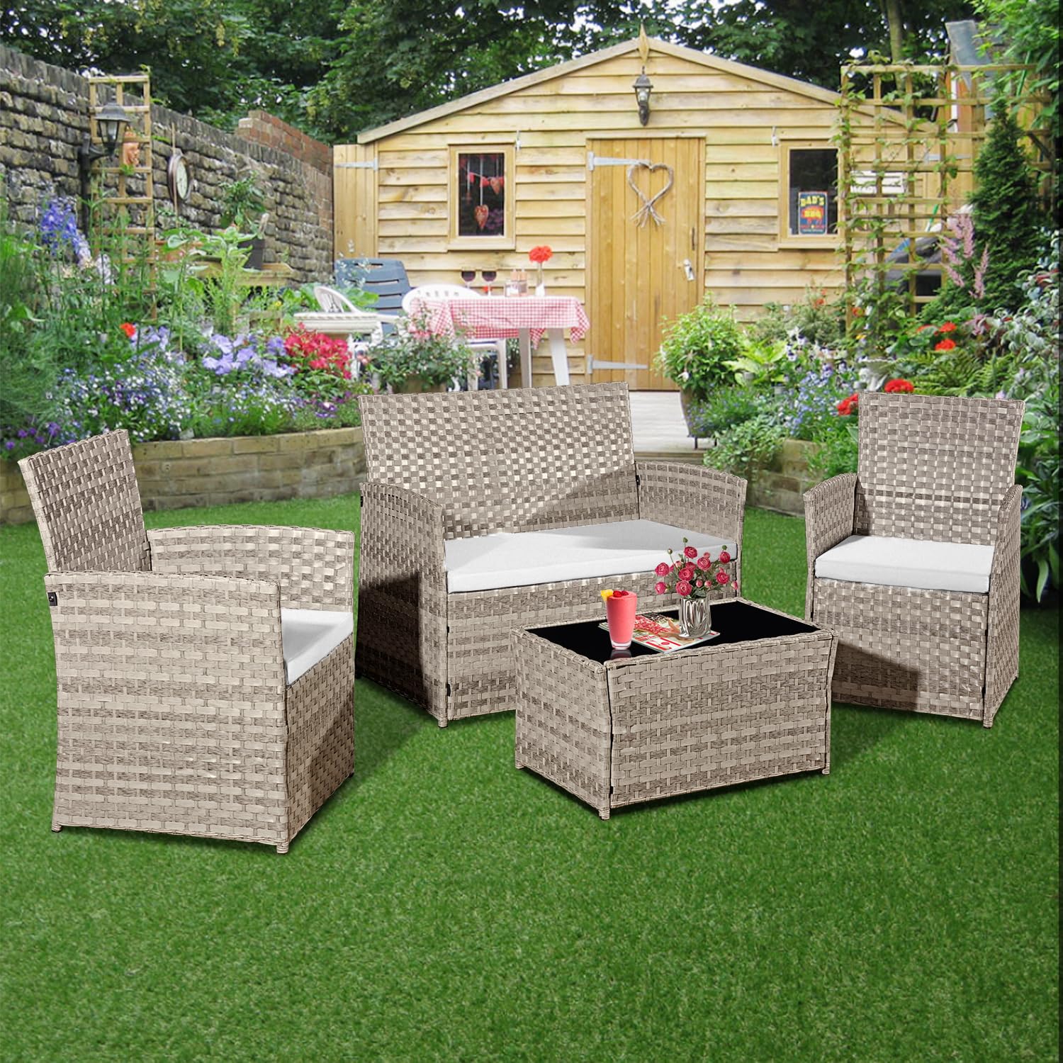 4 Piece Rattan Garden Furniture Sets, Patio Conservatory Set, Include Rattan loveset Sofa, Chair, Glass Coffee Table