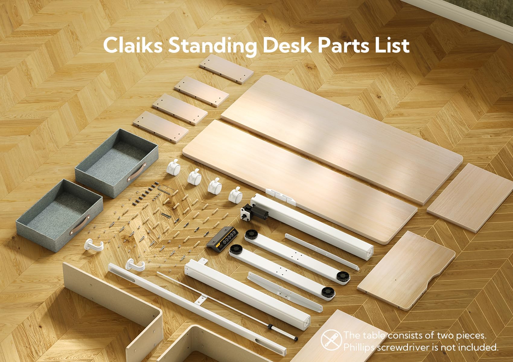 Claiks Electric Standing Desk with Drawers, 120x60cm Height Adjustable Desk with Storage Shelf and Splice Board, Stand Up Desk for Home Office, White Frame/Maple Top