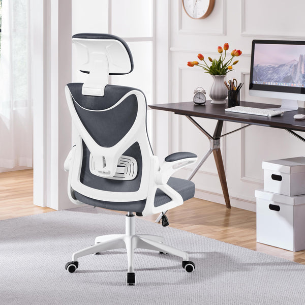 Yaheetech High Back Home Office Chair Ergonomic Swivel Desk Chair with Arms and Height Adjustable Back Support for Home Study or Manager Work White/Pink