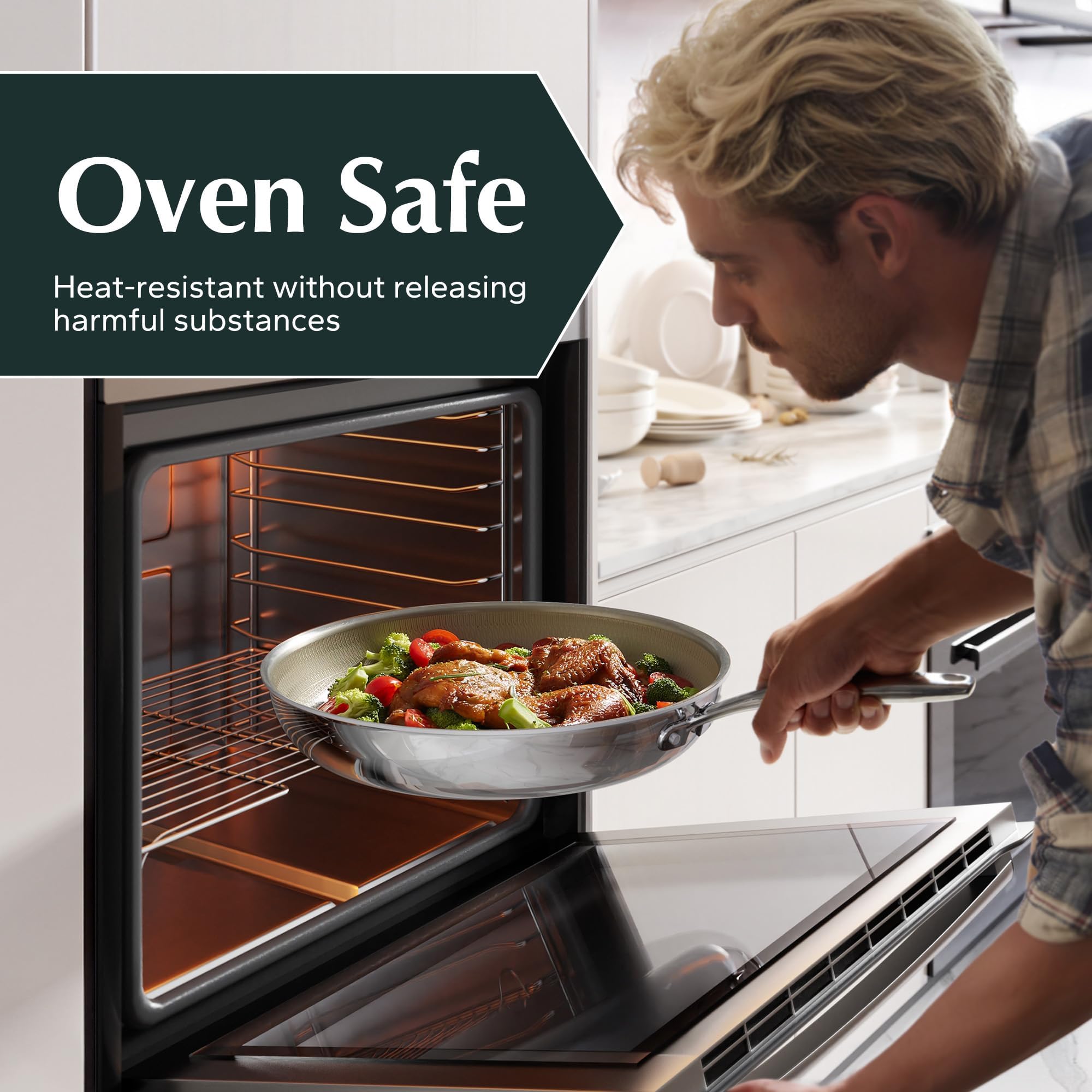 Redchef Non Stick Hybrid Egg/Omelette Pan,20cm Ceramic Frying Pan,Tri-Ply Stainless Steel Skillet,Non Toxic,PFAS PFOA/PTFE Free,Dishwasher/Oven Safe,Suitable for Induction Hobs,8"(Beige)