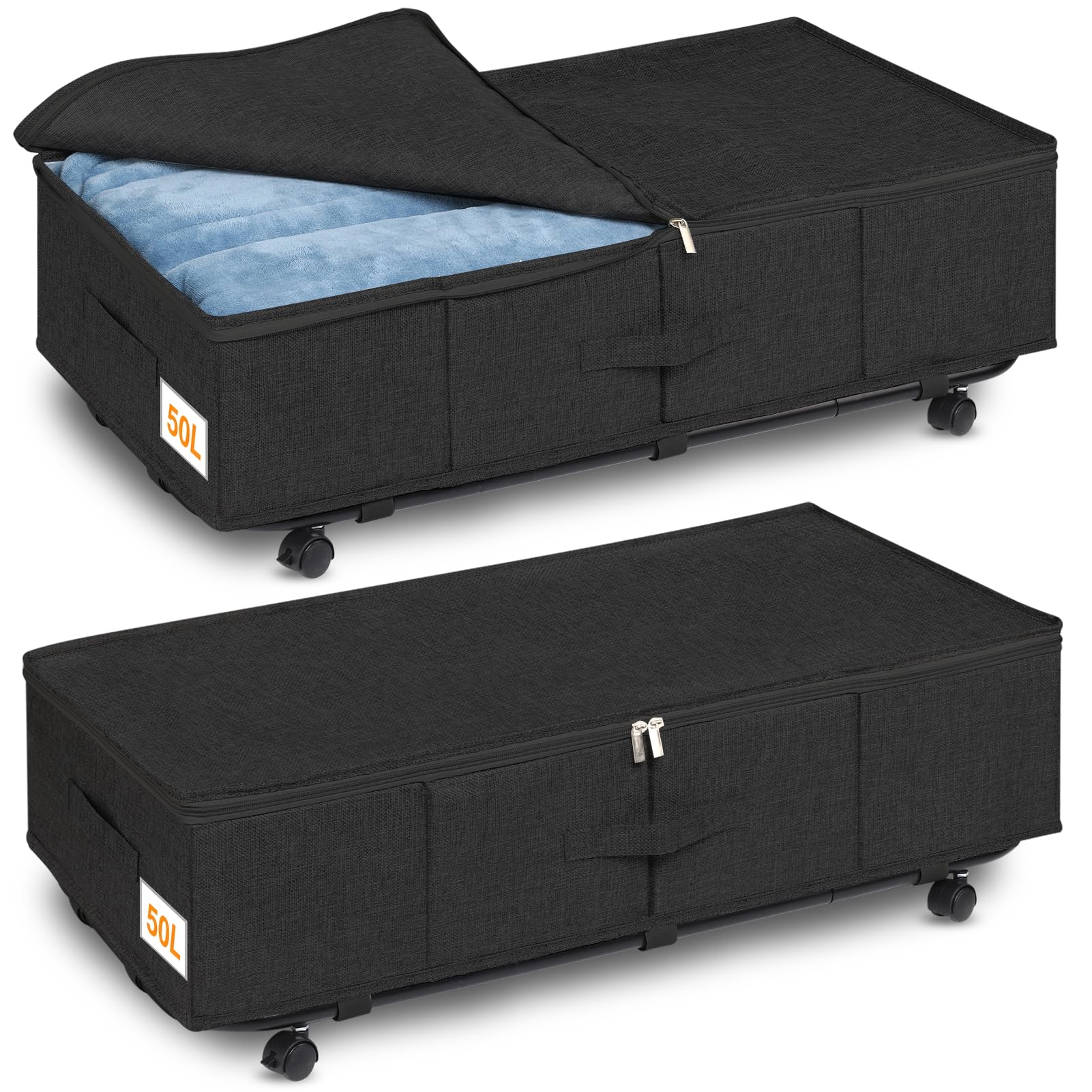 Huquter Underbed Storage on Wheels 50L, 2 Pack Foldable Under Bed Storage Box with Lid & Zip, Large Underbed Storage with Wheels Black with Metal