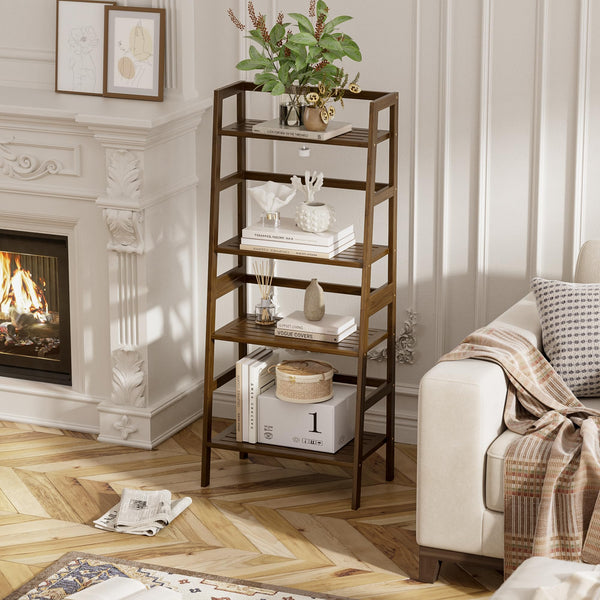 HITNET Ladder Bookcase, 4-Tier Leaning Bookshelf, Bamboo Open Display Storage Rack Shelves, Flower Plant Stand, Space Saving Small Book Shelf, Walnut