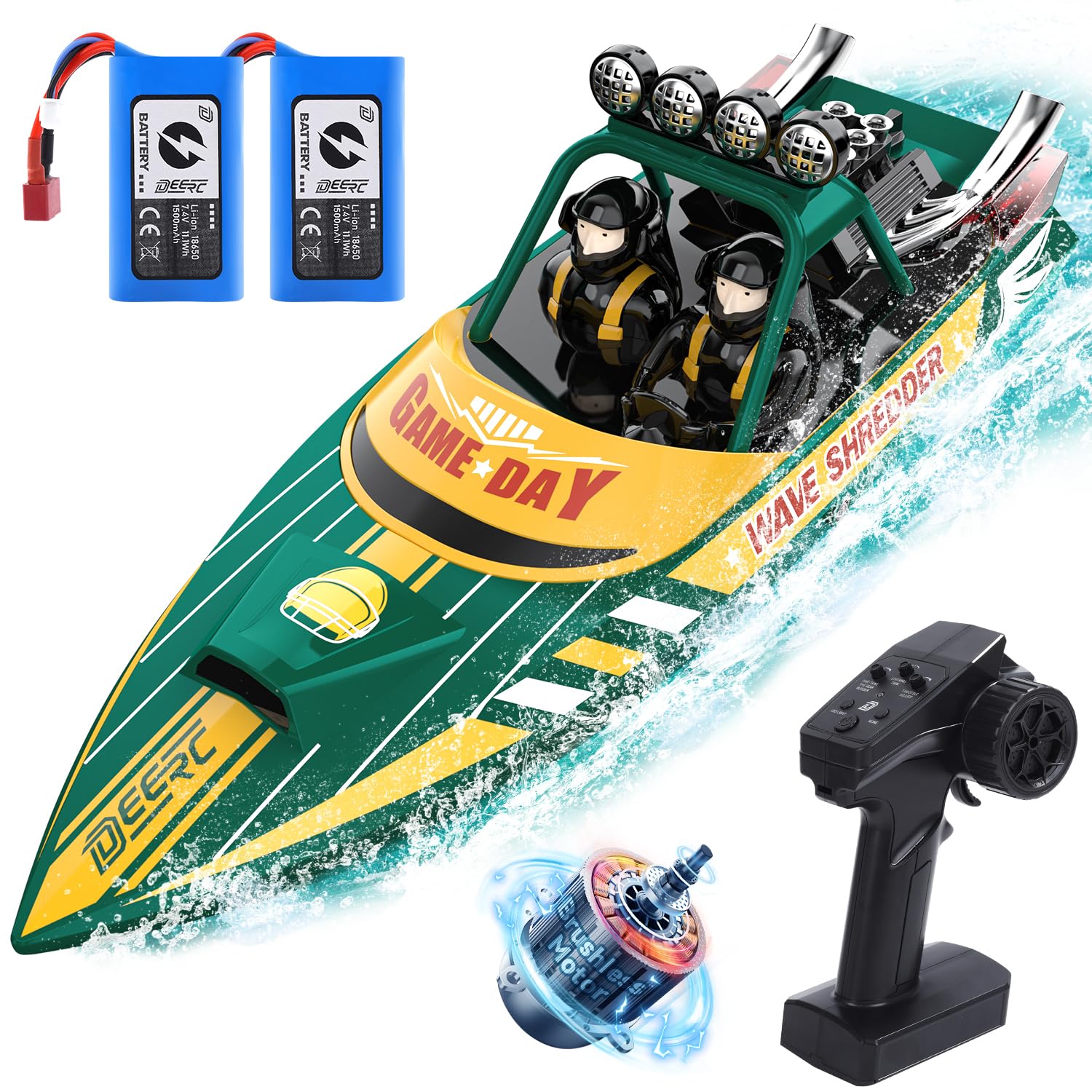 DEERC Fast Brushless RC Shark Boat for Adults, 30+MPH 3S High Speed Remote Control Speed Boat with LED Lights, Summer Toy Gift for Kids