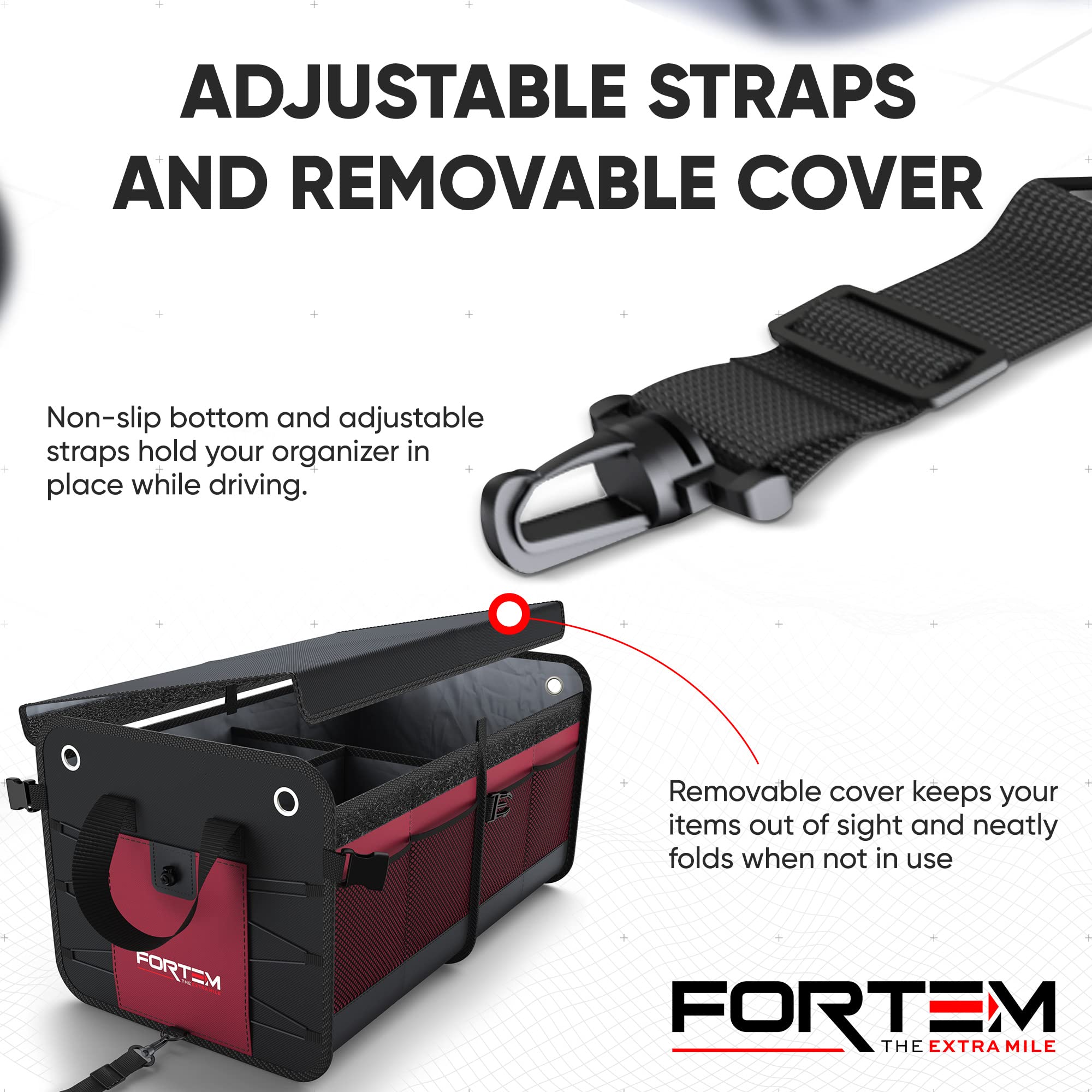 FORTEM Car Boot Organiser, SUV Boot Tidy, Trunk Storage, Collapsible Multi Compartment Car Organiser, Non Slip Bottom, Adjustable Securing Straps, Foldable Cover (65L)