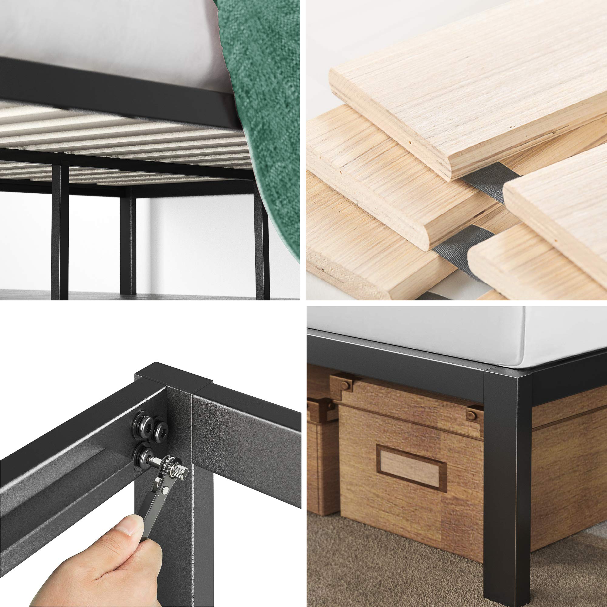 Zinus Paul Super King Bed frame - Bed 180x200 cm - 36 cm Height - Metal and Wood Platform Bed frame with Wood slat support - Natural Brown and Black