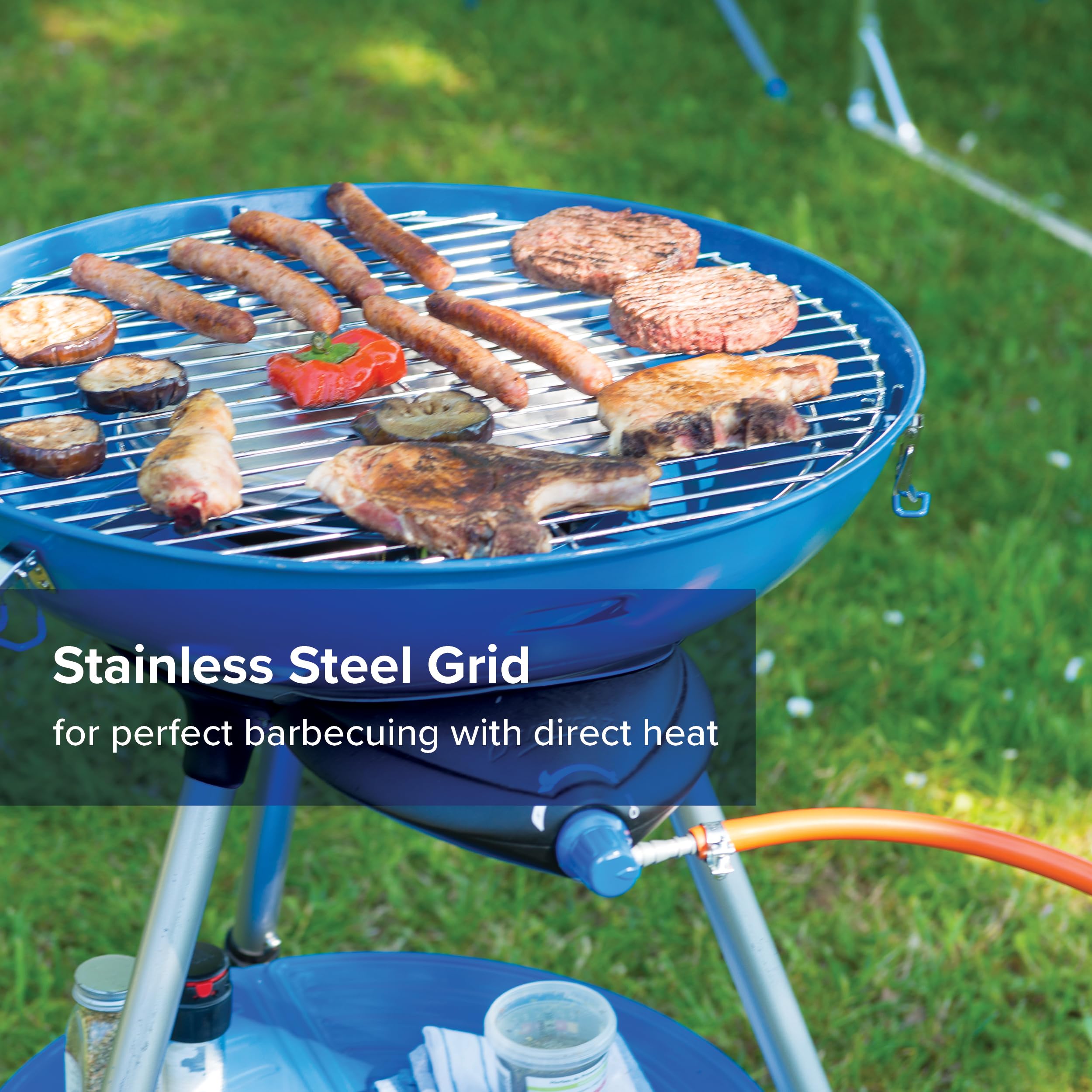 Campingaz Party Grill 400 CV, Camping Stove and Grill, All-in-One Portable Camping BBQ, with Griddle, Grid and Pan Support, Lid Doubles as Wok, Blue