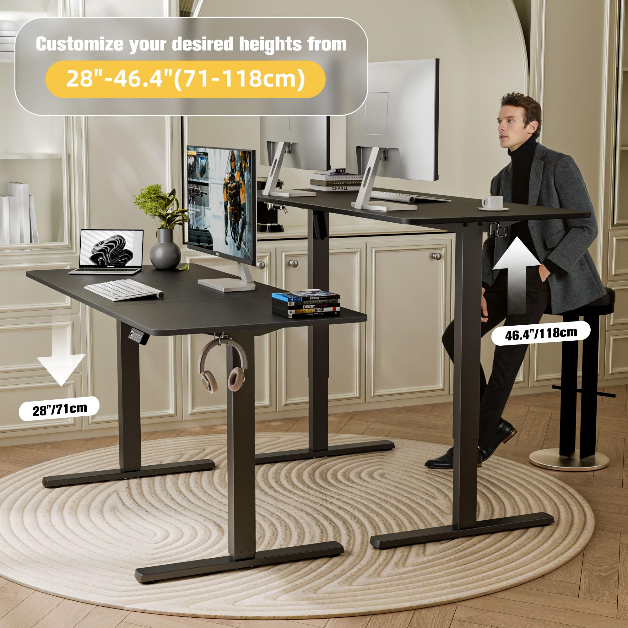 ERGOMAKER Electric Height Adjustable Standing Desk 80x60cm (31.5"x23.6"), Sit Stand Desk with Splicing Top for Home Office (Black Frame + Black Desktop)