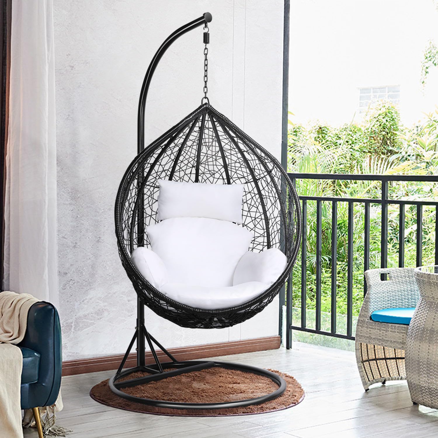 Yaheetech Garden Egg Swing Chair, Patio Swing Chair Outdoor Hanging Hammock with Stand Indoor Rattan Chair with Cushion and Cover, Black