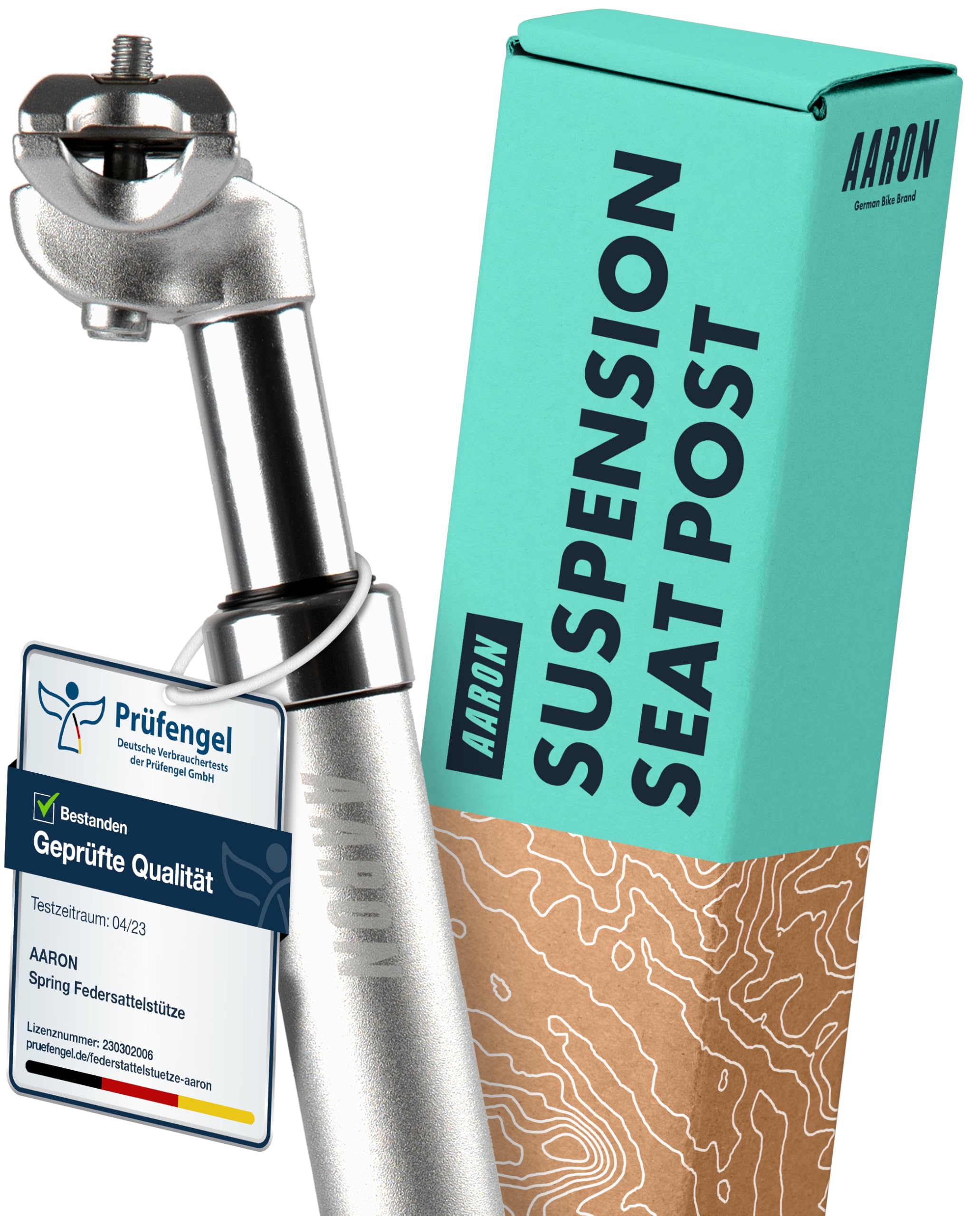 AARON - Spring suspension seatpost - Aluminum - For E-bikes, MTB, Trekking Bikes, City Bikes - 31,6 mm Diameter, 13.8" (350mm) Length - silver