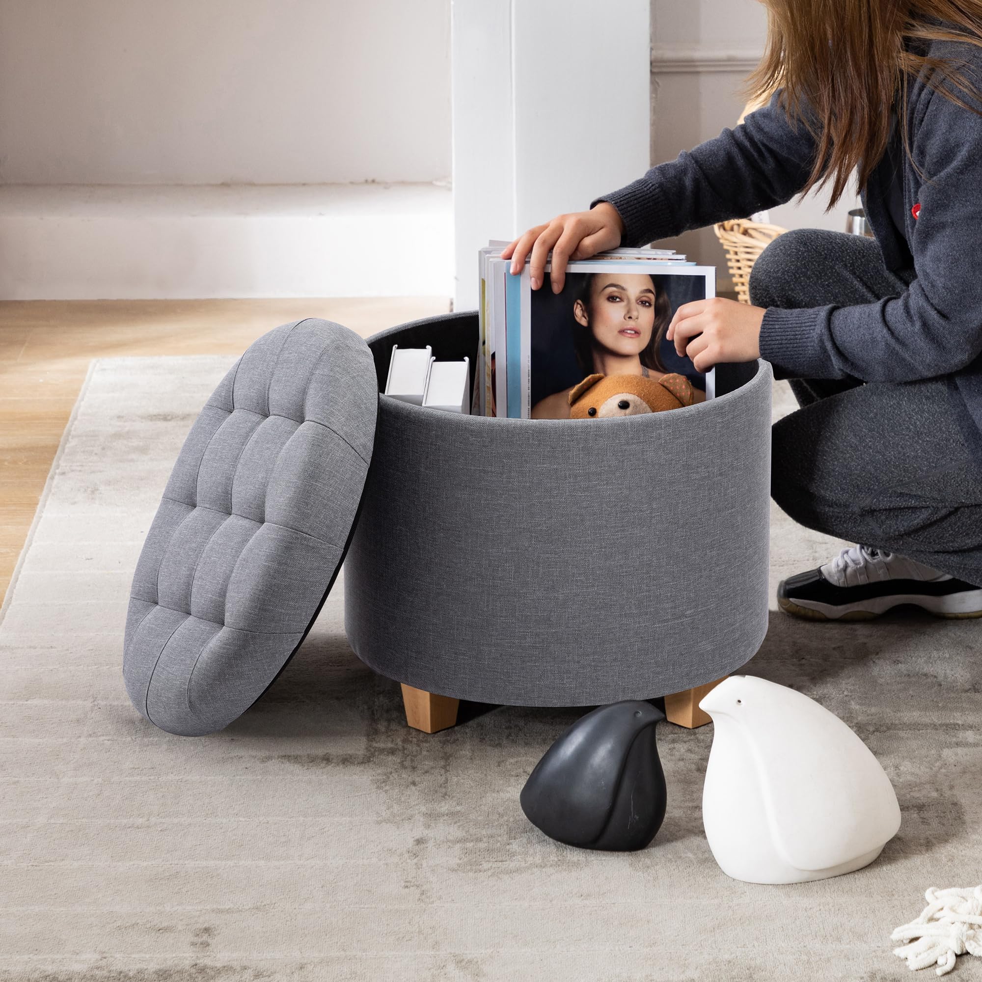 HNNHOME 45cm Round Linen Padded Seat Ottoman Storage Stool Box, Footstool Pouffes Chair with Lids (Pearl River)