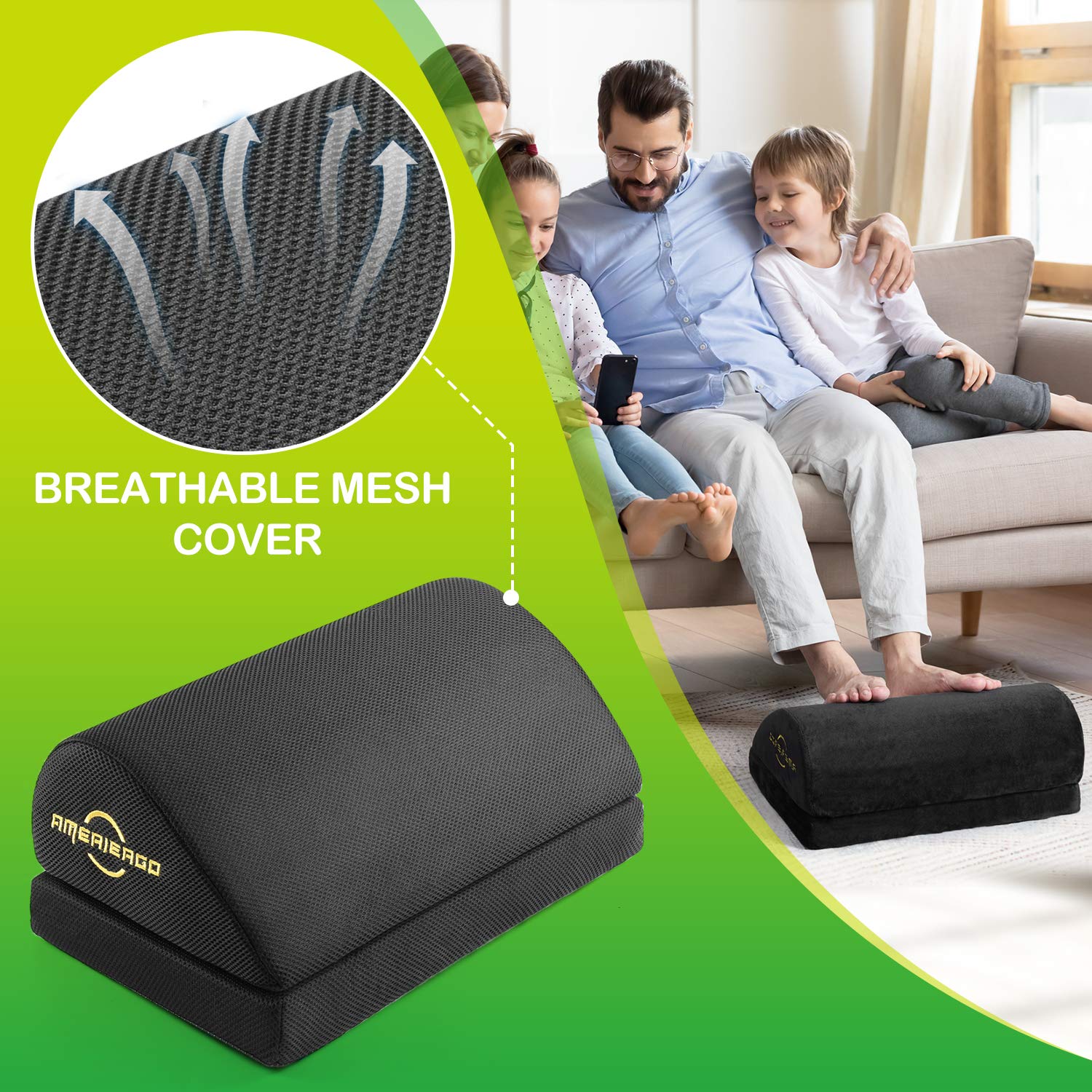 AMERIERGO Foot Rest for Under Desk at Work, Under Desk Footrest with Memory Foam, 2 Adjustable Heights Ergonomic Footrest for Office Chair & Gaming