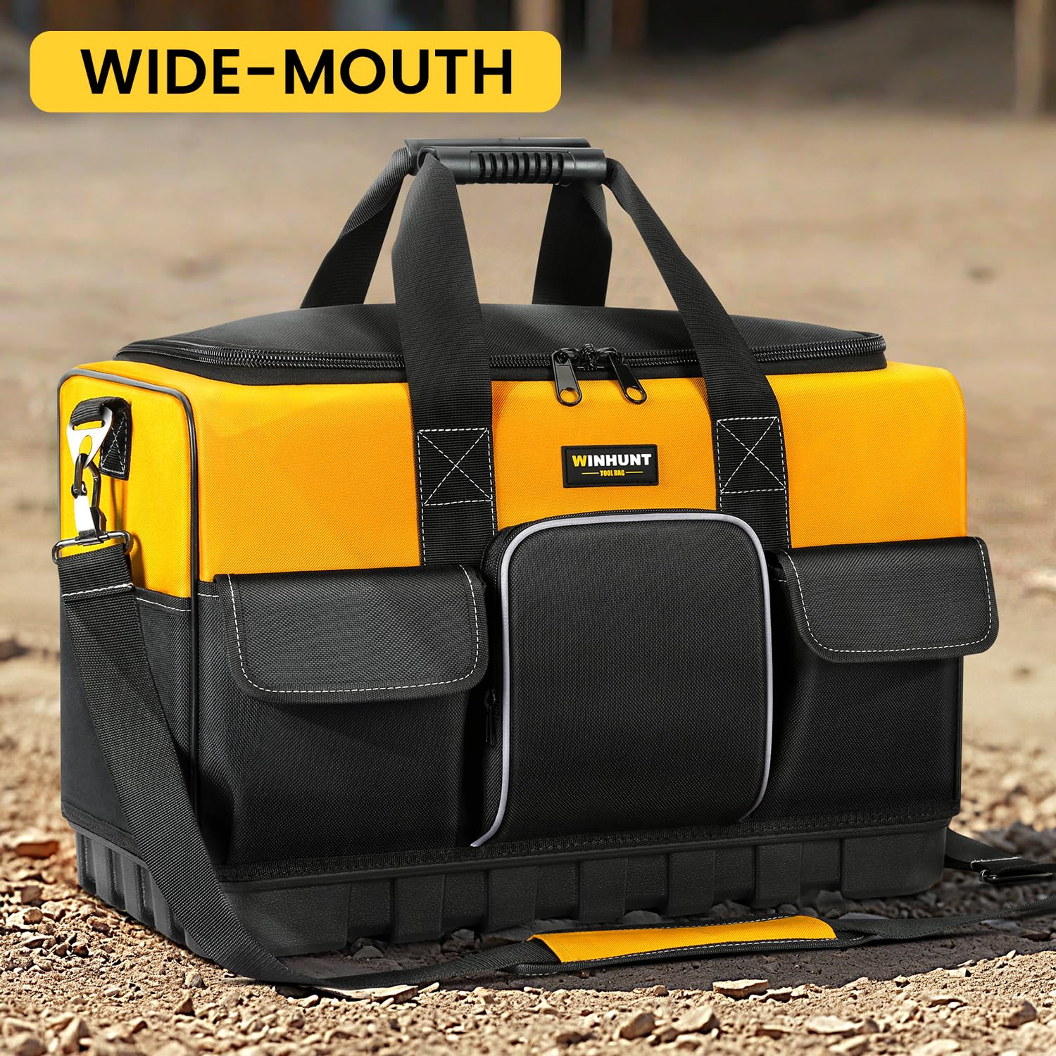 WINHUNT Open Mouth Tool Bag, Heavy Duty Electrician Tool Bags, Tool Storage Organiser with Waterproof Hard Base, Yellow/Black, 16 Inch