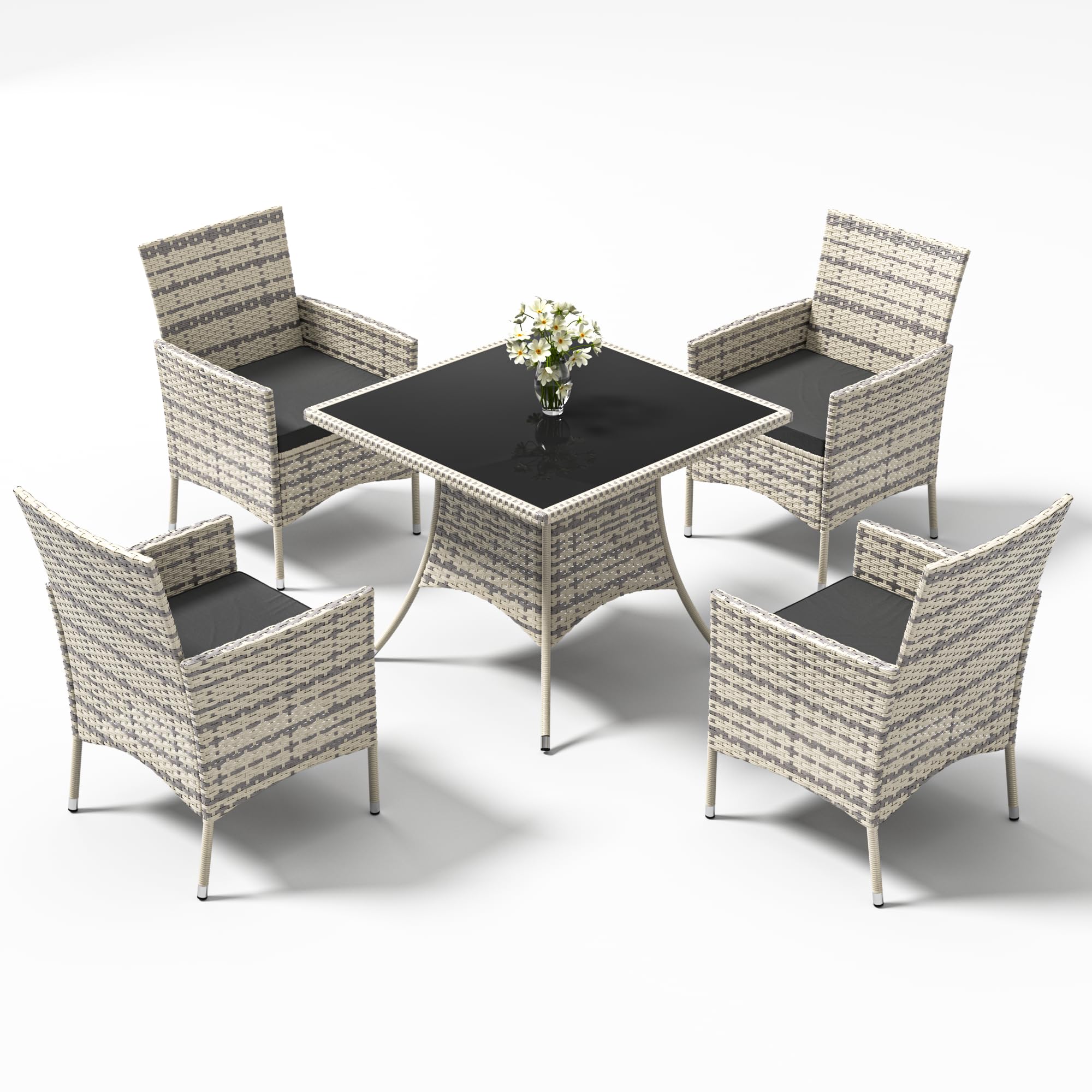 Trumbeak 4 Seater Rattan Dining Set with Cushions,Garden Furniture Set with Glass Top Table and 4 Armchairs,Outdoor Dining Table and Chairs Set for patio,Grey
