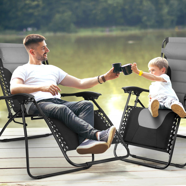 KEPLIN Set of 2 XXL Premium Heavy Duty Padded Zero Gravity Chairs - Luxurious Garden Recliners, Adjustable Headrest, Cup & Phone Holder, Foldable, Easy to Clean Patio Sun Loungers(Black)