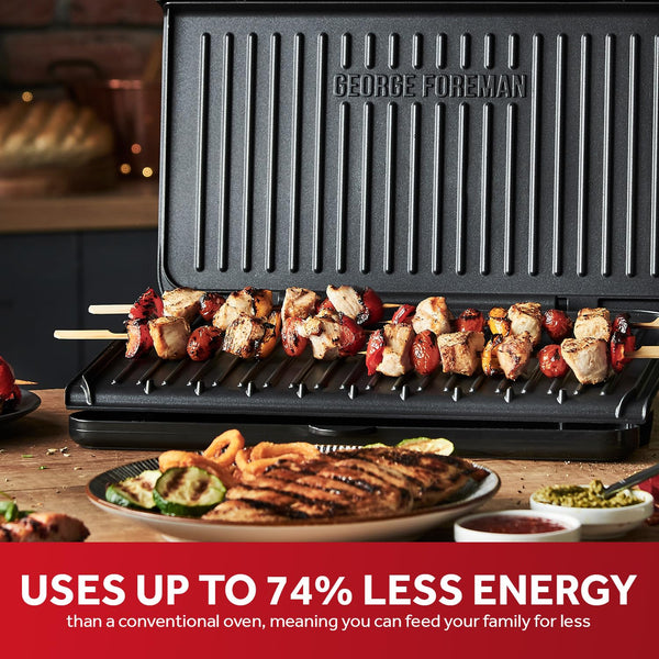 George Foreman Large Electric Fit Grill [Non stick, Healthy, Griddle, Toastie, Hot plate, Panini, BBQ, Energy saving, Vertical storage, Easy clean, Drip tray, Ready to cook light] Black, 2400W 25820