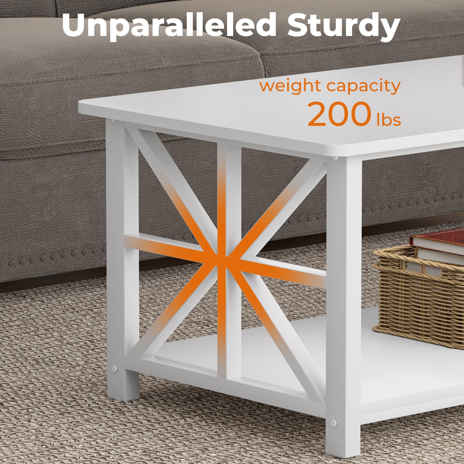 GreenForest Coffee Table with 2-Tier Storage,100 cm Living Room Table with Round Corner, Center Table with X-Frame Design for Home Office,White