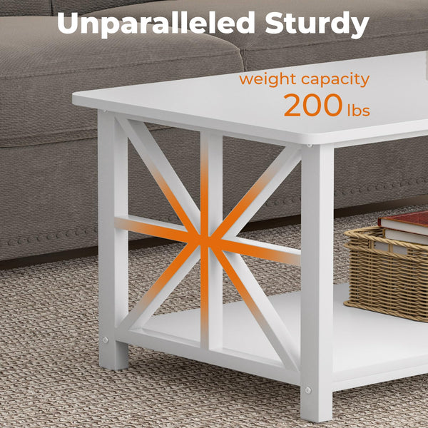 GreenForest Coffee Table with 2-Tier Storage,100 cm Living Room Table with Round Corner, Center Table with X-Frame Design for Home Office,White