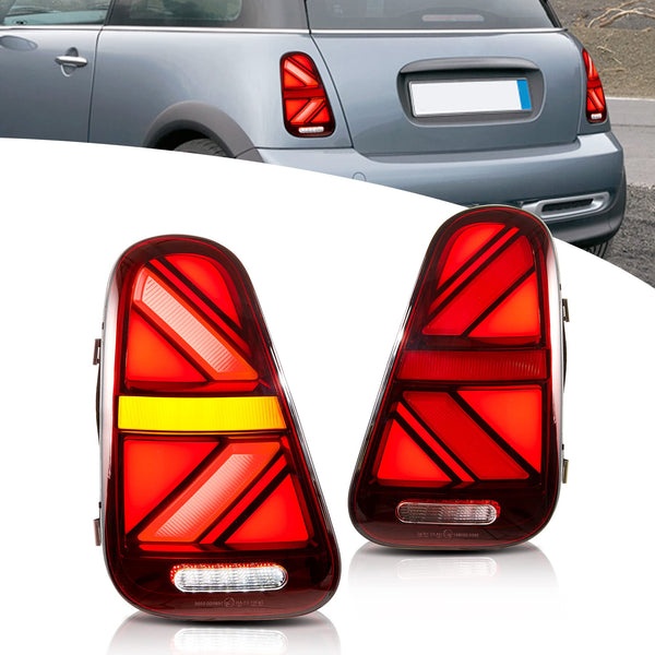 VLAND LED Rear Lights Compatible with Mini Cooper R50 R52 R53 2001-2006 1st Gen Hatch/Convertible, Union Jack Tail Lights w/Startup Dynamic Display & Sequential Indicator, 1 Set (Red)