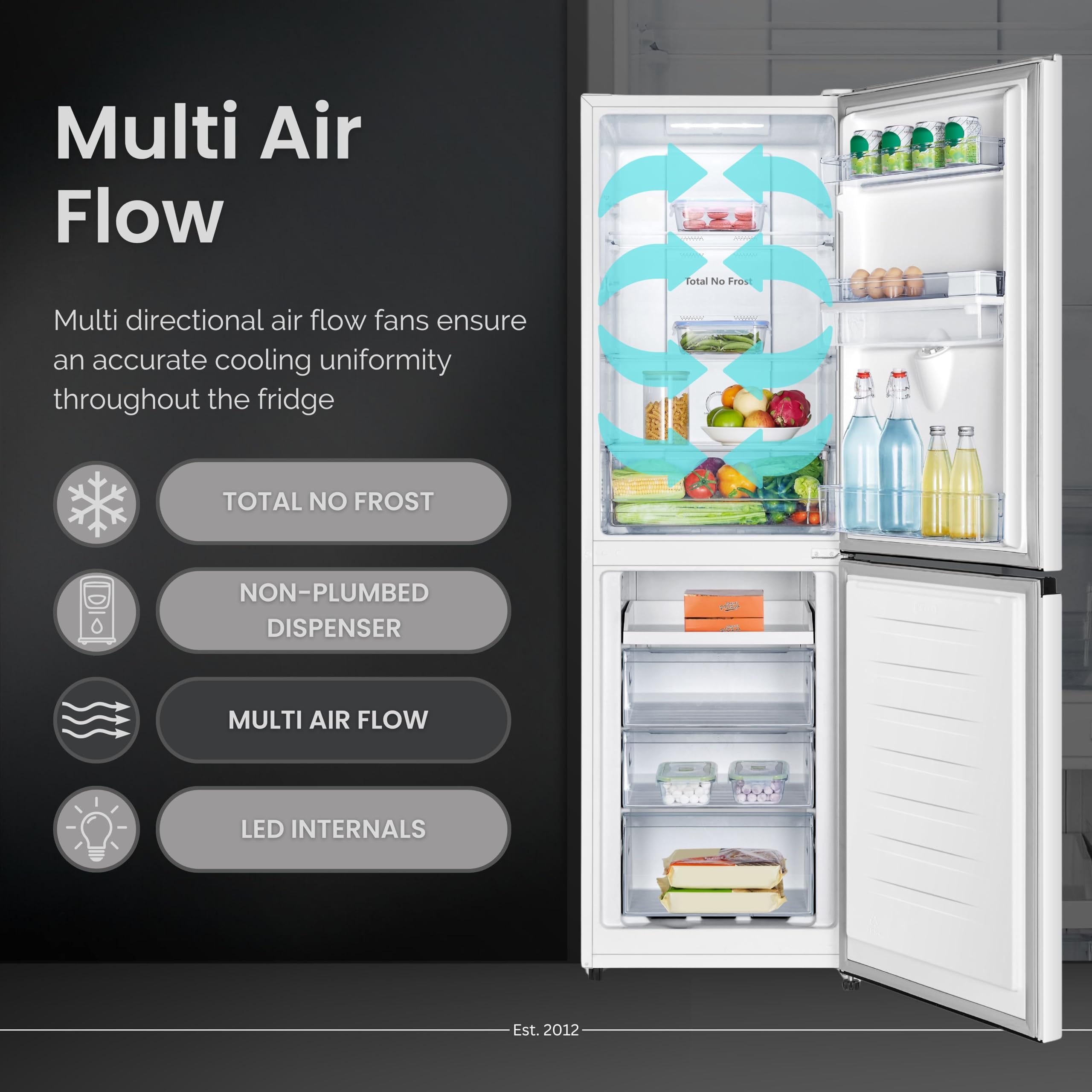 Teknix FFH1825WB 55cm Freestanding 50/50 Fridge Freezer - 256 Litre Capacity - Total No Frost - Non-plumbed Water Dispenser - Black, H182.5 x W55 x D56.2 (cm)