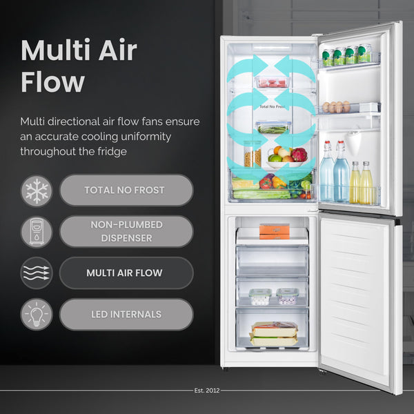 Teknix FFH1825WB 55cm Freestanding 50/50 Fridge Freezer - 256 Litre Capacity - Total No Frost - Non-plumbed Water Dispenser - Black, H182.5 x W55 x D56.2 (cm)