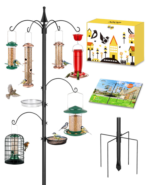 iBorn Bird Feeders Hanging Station Wild Bird Feeding Station Stand Heavy Duty 1 Inch Pole W/Removable Mesh Tray Water Tray, 6-Hooks, 5-Prong Pole