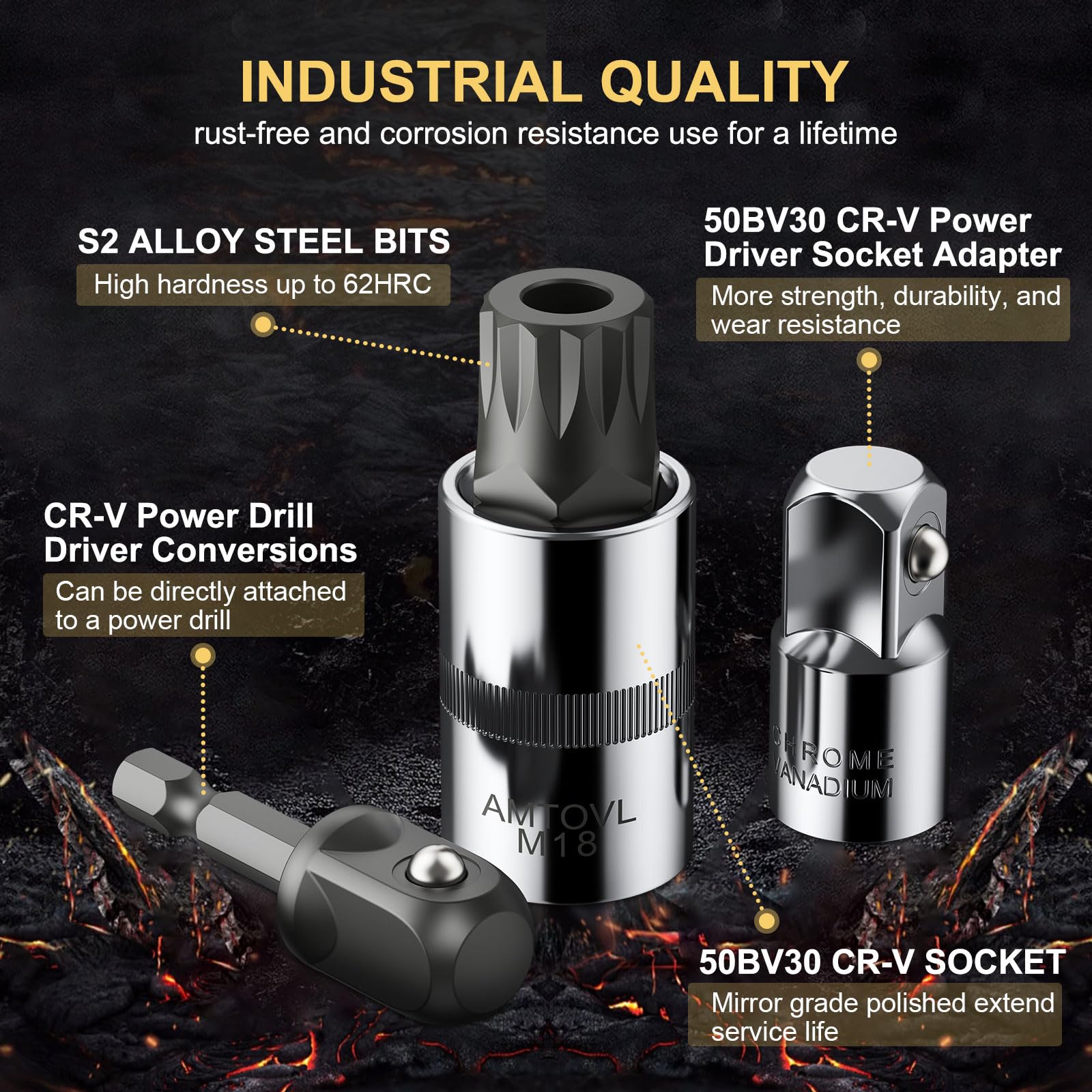 AMTOVL 15-Piece Triple Square Spline Bit Socket Set - S2 Alloy Steel & 50BV30 CRV XZN Bits - Includes 1/4", 3/8", 1/2" Drive Sizes (4,5,6,8,9,10,16,18mm) with Adapter - Fit for Automotive & DIY