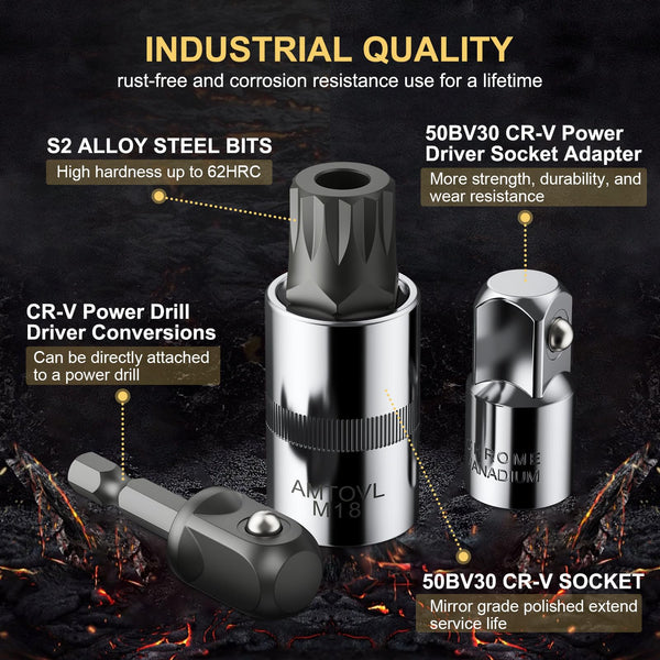 AMTOVL 15-Piece Triple Square Spline Bit Socket Set - S2 Alloy Steel & 50BV30 CRV XZN Bits - Includes 1/4", 3/8", 1/2" Drive Sizes (4,5,6,8,9,10,16,18mm) with Adapter - Fit for Automotive & DIY