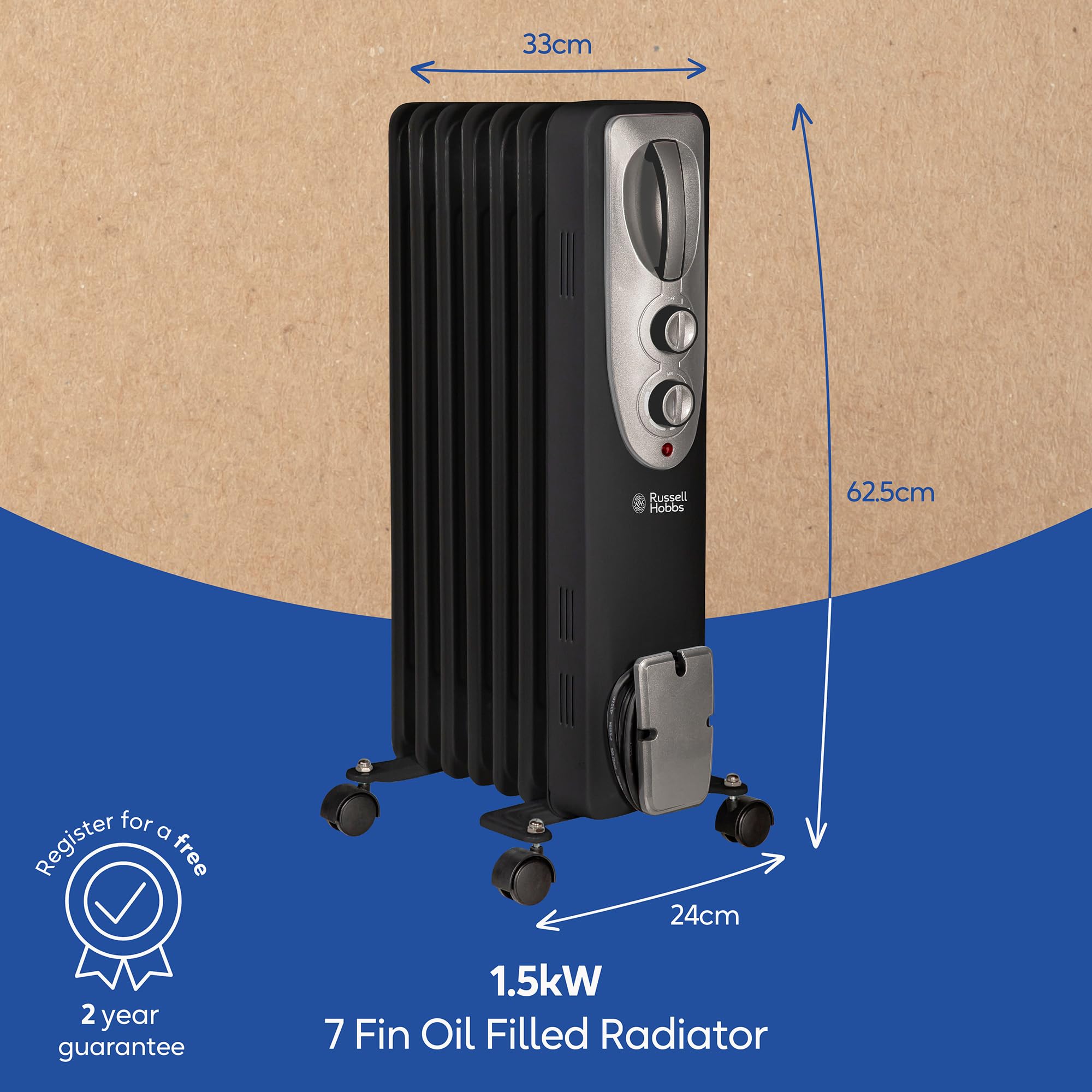 Russell Hobbs 1500W/1.5KW Oil Filled Radiator, 7 Fin Portable Electric Heater - White, Adjustable Thermostat with 3 Heat Settings, Safety Cut-off, 15 m sq Room Size, RHOFR5001, 2 Year Guarantee