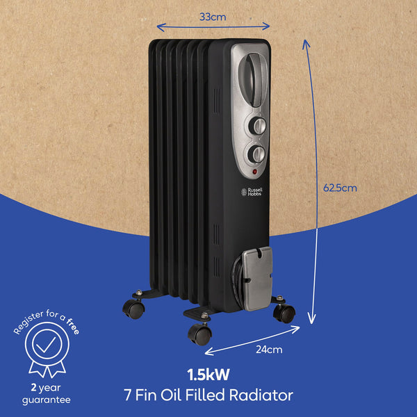 Russell Hobbs 1500W/1.5KW Oil Filled Radiator, 7 Fin Portable Electric Heater - White, Adjustable Thermostat with 3 Heat Settings, Safety Cut-off, 15 m sq Room Size, RHOFR5001, 2 Year Guarantee