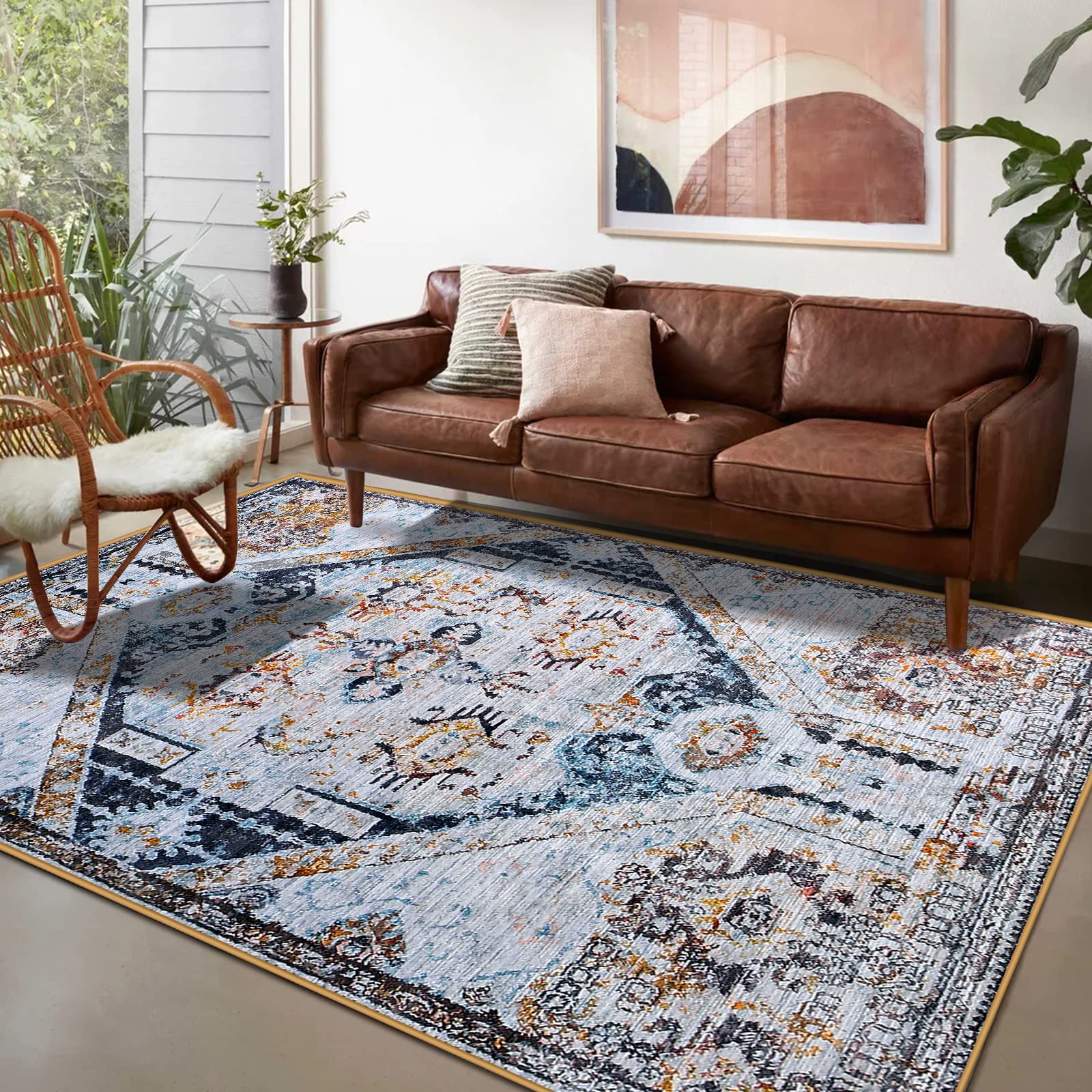 Calore Vintage Area Rugs Living Room Rug, Non-Slip Soft Short Pile Carpet for Easy Clean, Chic Traditional Rug for Living Room Bedroom Dining Room