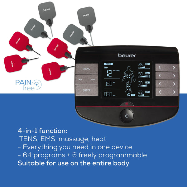 Beurer EM59 Digital TENS/EMS Device with Heat, 4-in-1 stimulation device for pain therapy, muscle stimulation, massage and heat therapy, 4 electrodes, 70 programmes, 50 intensity levels