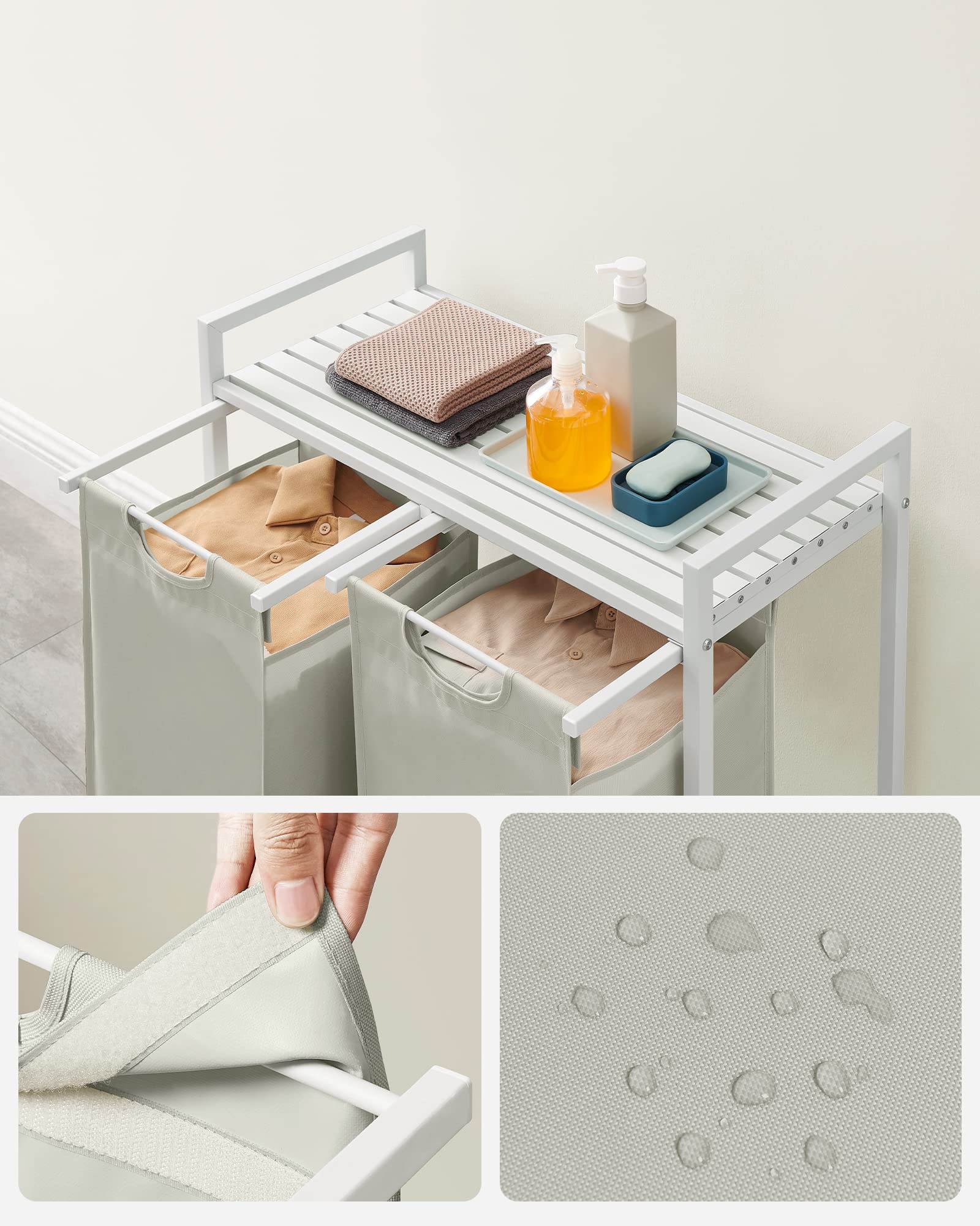 VASAGLE Laundry Basket, Laundry Hamper, Pull-Out and Removable Liner Bag, Shelf, Metal Frame, 65 L, 50 x 33 x 72 cm, Ink Black and Rustic Brown BLH101B01