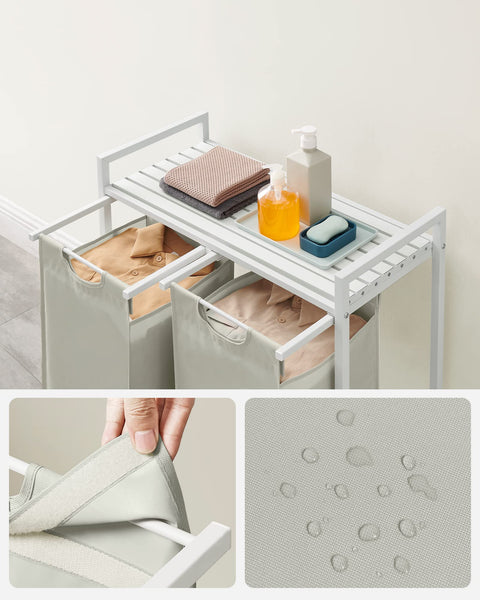 VASAGLE Laundry Basket, Laundry Hamper, Pull-Out and Removable Liner Bag, Shelf, Metal Frame, 65 L, 50 x 33 x 72 cm, Ink Black and Rustic Brown BLH101B01