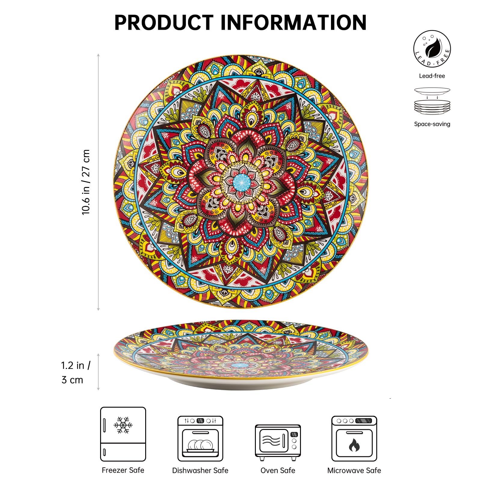 Henten Home Plates Set - 10 Inch, Porcelain Large Dinning Round Plates Set of 6, Round Plate for Breakfast/Dessert with Pattern - Bohemian Style