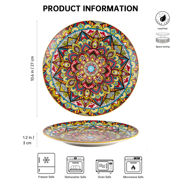 Henten Home Plates Set - 10 Inch, Porcelain Large Dinning Round Plates Set of 6, Round Plate for Breakfast/Dessert with Pattern - Bohemian Style