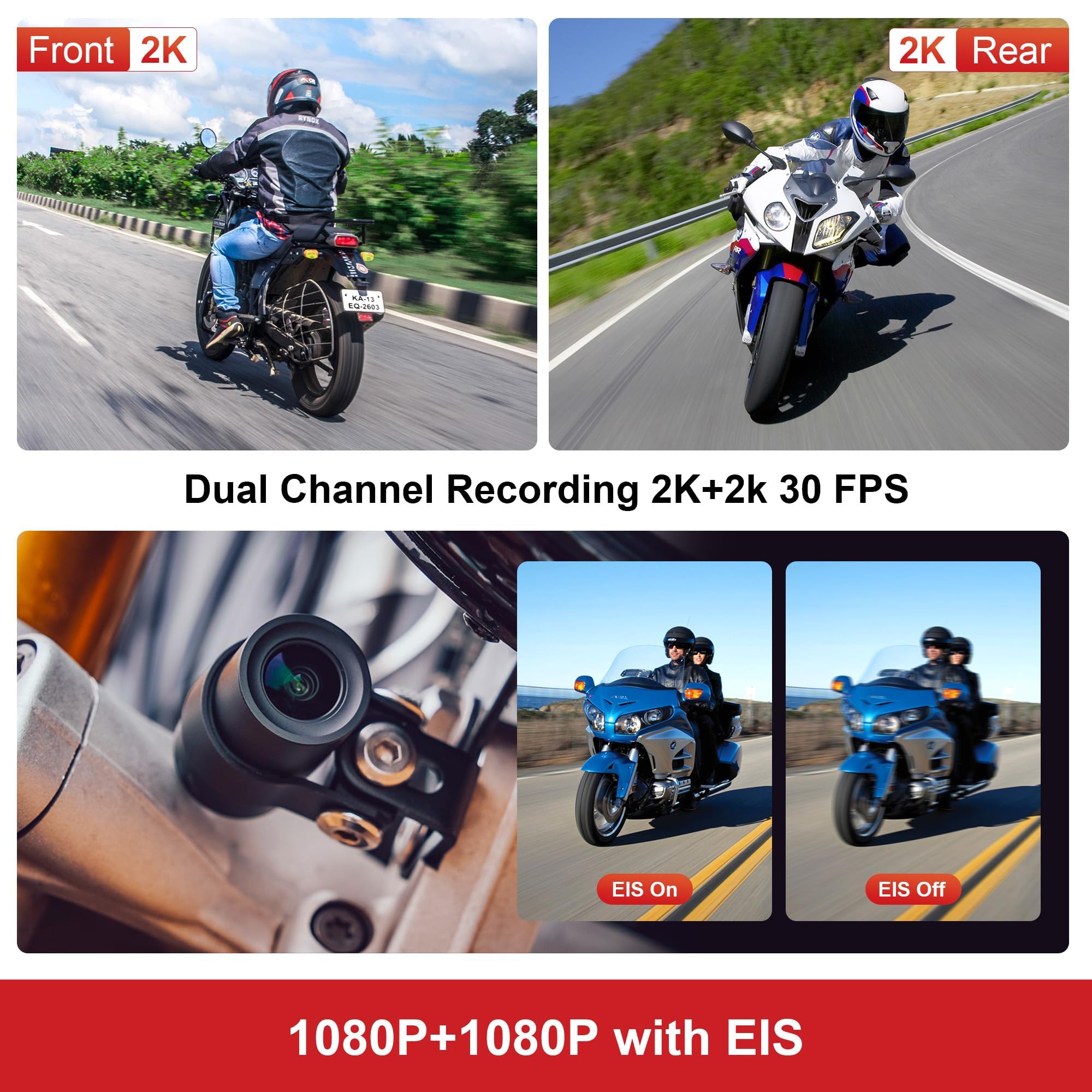 K7 Motorcycle Dash Cam Front and Rear with EIS Anti-Shake 2K + 2K@30FPS or 1080P + 1080P@60 FPS Motorbike Camera, GPS, Wi-Fi, 24Hrs G-Sensor, Waterproof Motorcycle Camera Support 512 GB Max