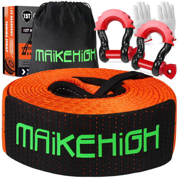 MAIKEHIGH Tow Rope 15 Ton (33,700 Lbs), 6M x 7.6cm Off-Road Recovery Towing Strap with 2 Gloves for Car, Truck, SUV, Emergency (Black)