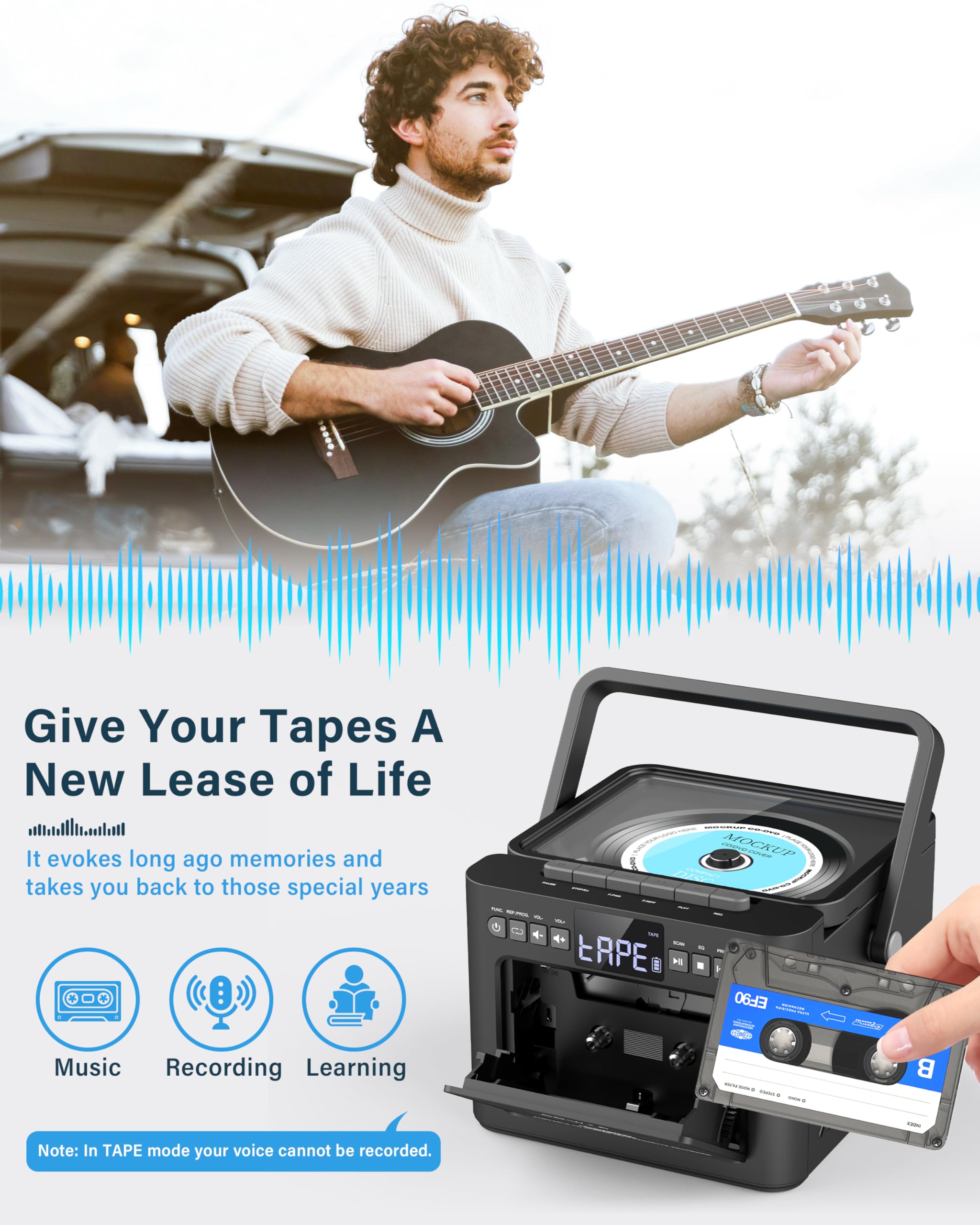 Greadio Portable CD Player for Home, Rechargeable Boombox Cassette Player, FM Radio CD Player with Bluetooth, 5000mAh Battery, Remote Control, USB, AUX, TF/SD Card, 5W Dual Stereo Speaker (Black)